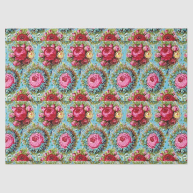 SCHÖNE ROTE PINK-GELBROSE IN BLAU SEIDENPAPIER (Vorderseite)