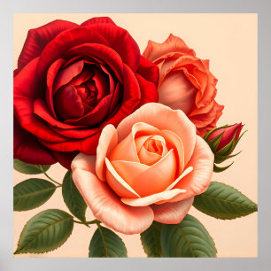 Schöne rote, rosa und korallenfarbene Rosen Poster