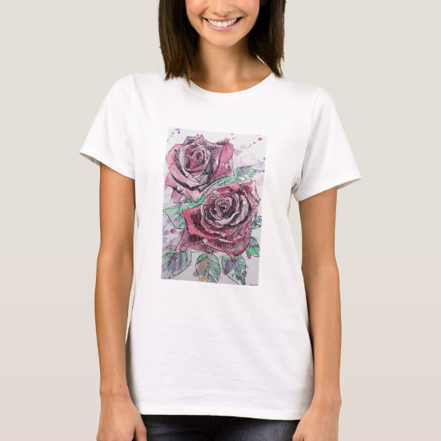 Schöne Rote Rose Aquarellmalerei T-Shirt (Vorderseite)