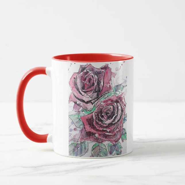 Schöne Rote Rose Aquarellmalerei Tasse (Links)