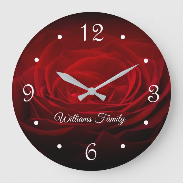 Schöne Rote Rose Große Wanduhr (Vorderseite)