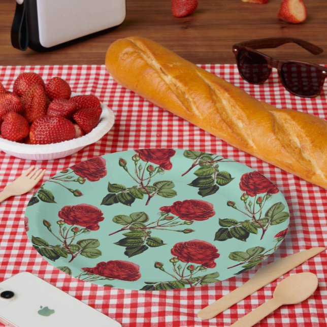Schöne Rote Rose, grüner Hintergrund, Muster Pappteller (Picknick)
