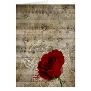 Schöne rote Rose Musiknoten wirbeln verblasstes Kl