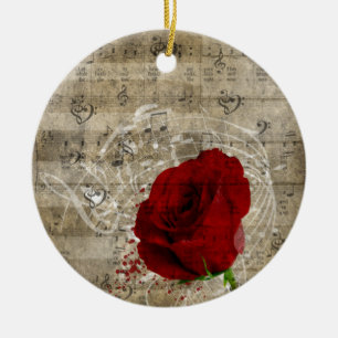 Schöne rote Rose Musiknoten wirbeln verblasstes Kl Keramik Ornament