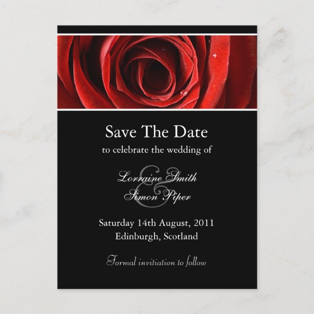 Schöne Rote Rose Save the Date Postkarte (Vorderseite)