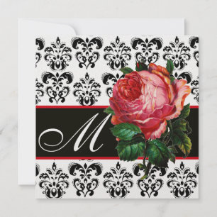 SCHÖNE ROTE ROSE  SCHWARZ WEISS  DAMAST MONOGRAMM EINLADUNG