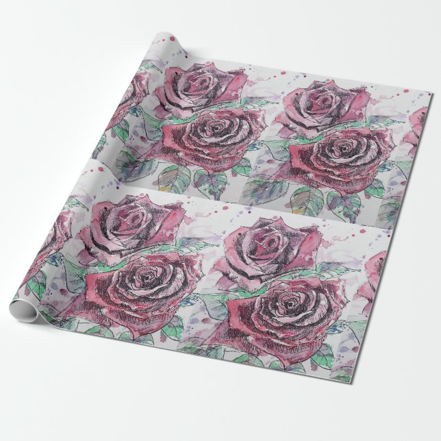 Schöne Rote Rose und Aquarellmalerei Geschenkpapier (Ungerollt)