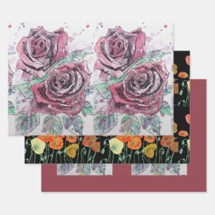 Schöne Rote Rose und Aquarellmalerei Geschenkpapier Set