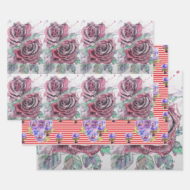 Schöne Rote Rose und Aquarellmalerei Geschenkpapier Set (Set)