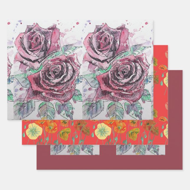 Schöne Rote Rose und Aquarellmalerei Geschenkpapier Set (Set)