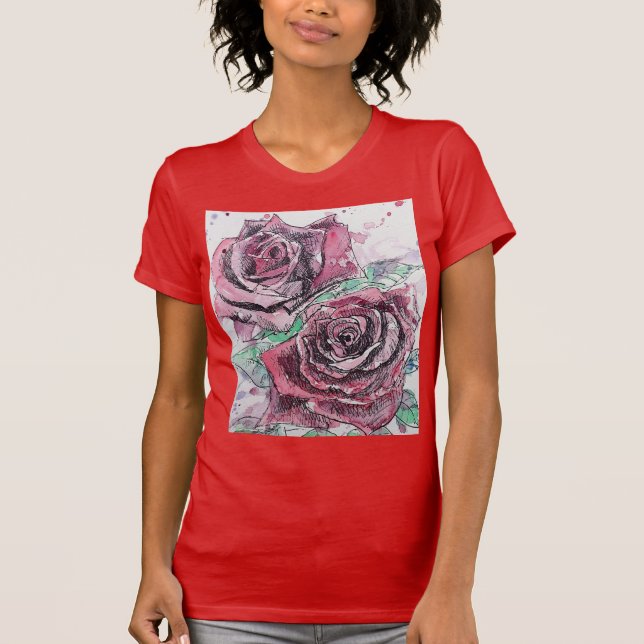 Schöne Rote Rose und Aquarellmalerei T-Shirt (Vorderseite)