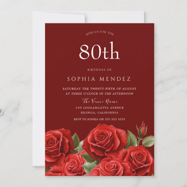 Schöne Rote Rosen 80. Geburtstagsparty Einladung (Vorderseite)