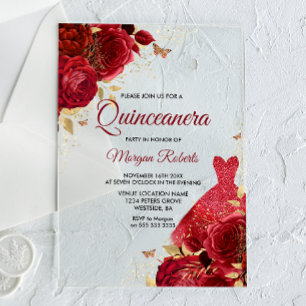 Schöne rote Rosen funkeln Kleid Quinceanera Acryleinladungen