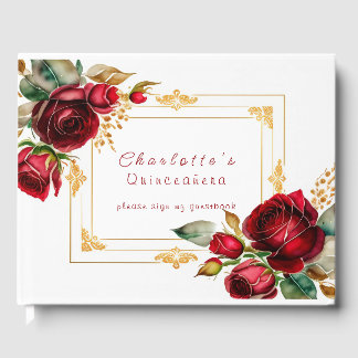 Schöne Rote Rosen Gold Filigree Quinceañera Gästebuch