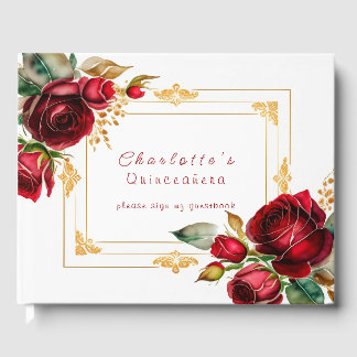 Schöne Rote Rosen Gold Filigree Quinceañera Gästebuch