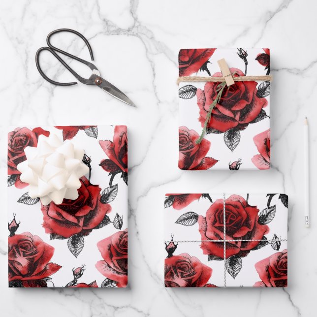 Schöne rote Rosen-Illustrationsstil Valentinstag Geschenkpapier Set (Vorderseite)