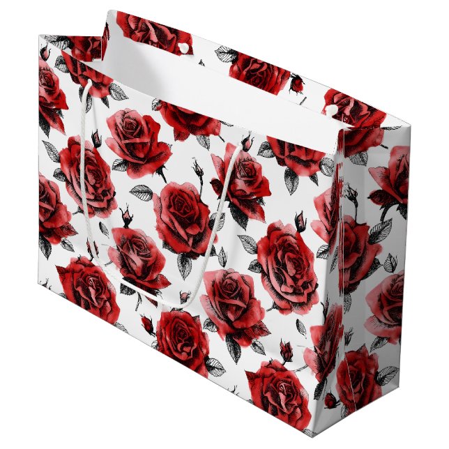 Schöne rote Rosen-Illustrationsstil Valentinstag Große Geschenktüte (Vorderseite Schrägansicht)