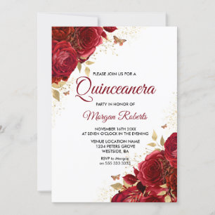 Schöne Rote Rosen Schmetterlinge Quinceanera Party Einladung