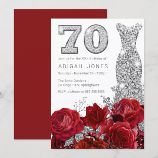 Schöne Rote Rosen & Silberkleid 70. Geburtstag Einladung
