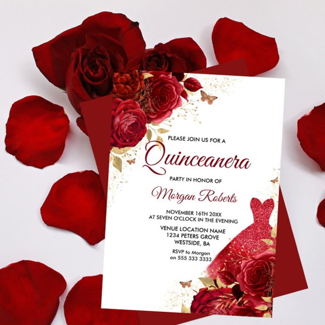 Schöne Rote Rosen Sparkenkleid Quinceanera Einladung (Von Creator hochgeladen)