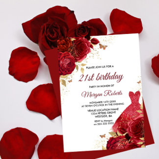 Schöne Rote Rosen Sparkle Kleid 21. Geburtstag Einladung