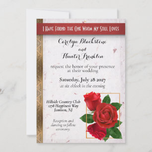 Schöne rote Rosen und goldene Metallhochzeit Einladung