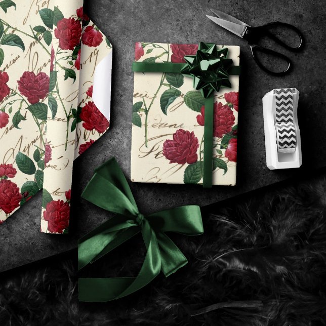 Schöne Rote Rosen und klassische Vintage Handschri Geschenkpapier (Von Creator hochgeladen)