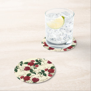 Schöne Rote Rosen und klassische Vintage Handschri Runder Pappuntersetzer