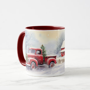Schöne rote Vintage-Lastwagen-Winterlandschaft Tasse