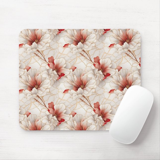 Schöne Rote Weiße Blüte Mousepad (Mit Mouse)