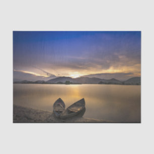 Schöne Rowboote Wasser Sonnenaufgang Foto Seidenpapier