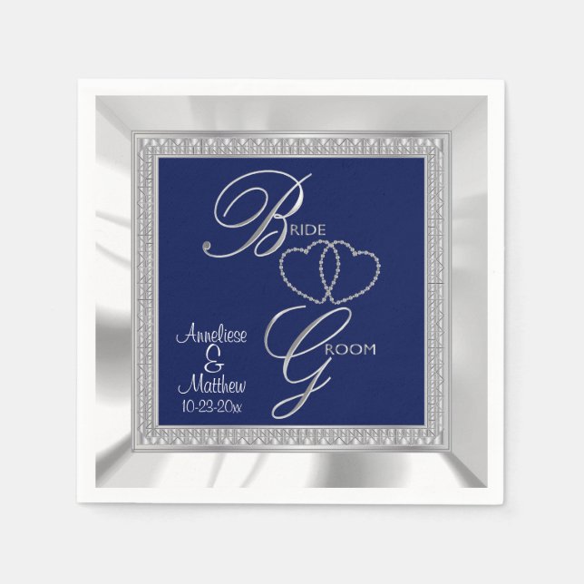 Schöne Royal Blue, Silver & White Satin Wedding Serviette (Vorderseite)