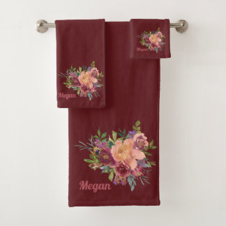Schöne rustikale Blumenbouquet Rot Burgunder Badhandtuch Set