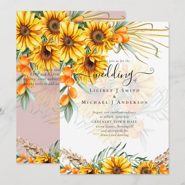 Schöne rustikale Sonnenblumen Pampas Grass Wedding Einladung (Vorne/Hinten)