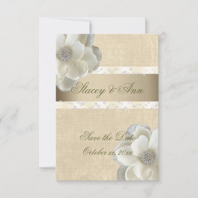 Schöne, Save the Date weiße Rosen & Bling. (Vorderseite)