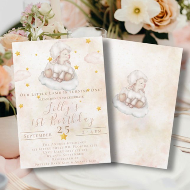 Schöne, schaf-rosa Wolkensterne 1. Geburtstag Einladung (Von Creator hochgeladen)