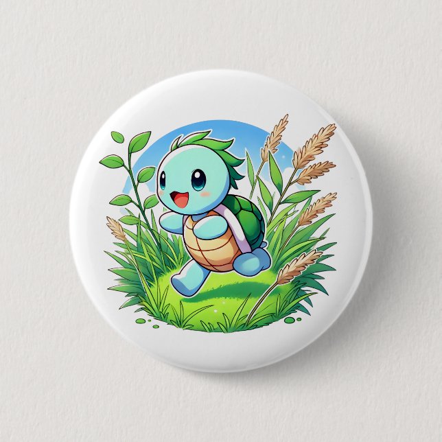 Schöne Schildkröte, die durch ein Feld führt Button (Vorderseite)