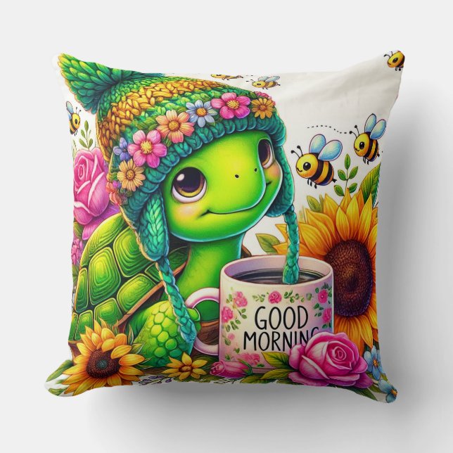 Schöne Schildkröte mit Tasse Kissen (Vorderseite)