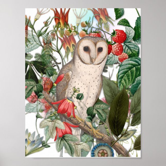 Schöne Schleiereule und Vintage-Blumen Poster (Vorne)