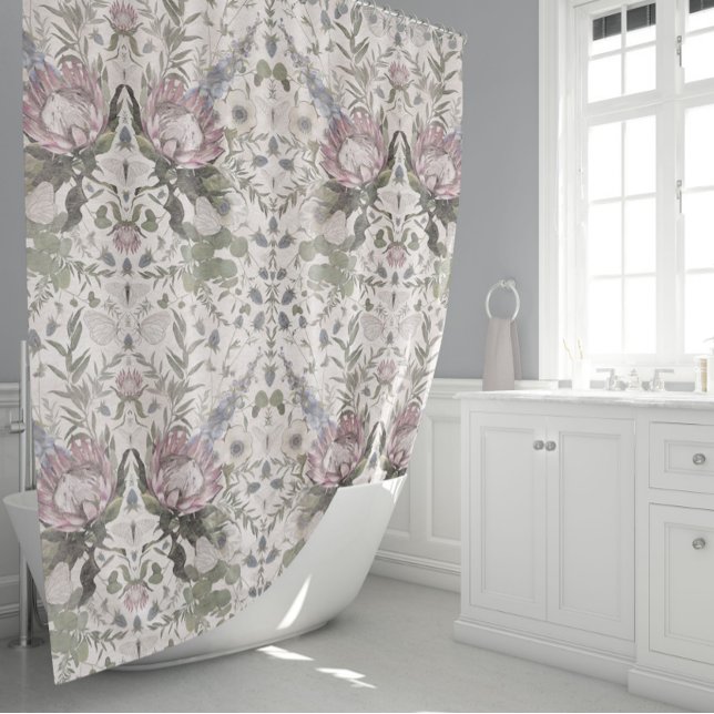 Schöne Schmetterlinge Duschvorhang (Elegant Butterflies Floral Protea Anemone Larkspur Shower Curtain from Studio Posies.)