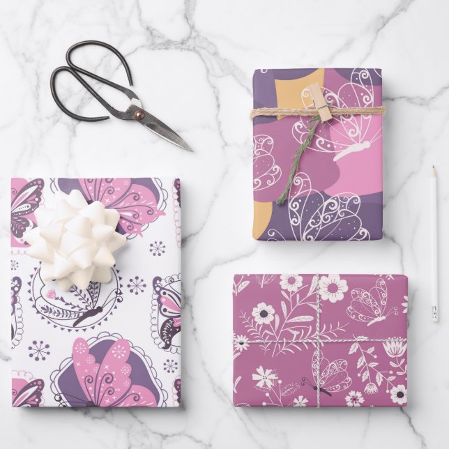 Schöne Schmetterlinge in Rosa und Lila Geschenkpapier Set (Vorderseite)