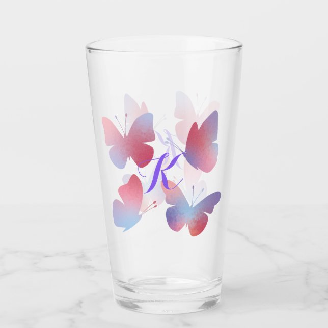 Schöne Schmetterlinge Pastellrosa Lila Monogramm Glas (Vorderseite)