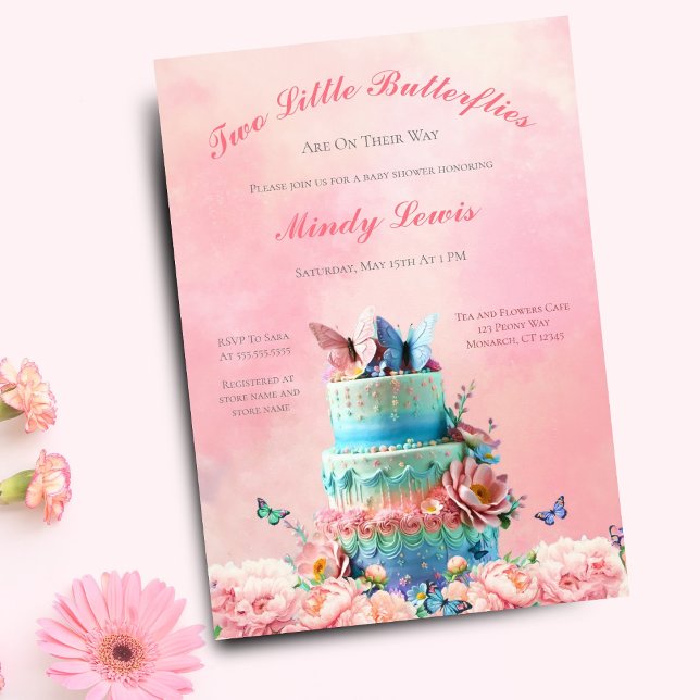 Schöne Schmetterlinge Twins Baby Shower Cake Einladung (Elegant, whimsical invitation for a memorable twin girls' baby shower.)
