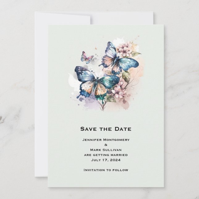 Schöne Schmetterlinge und Blume Hochzeit Save The Date (Vorderseite)