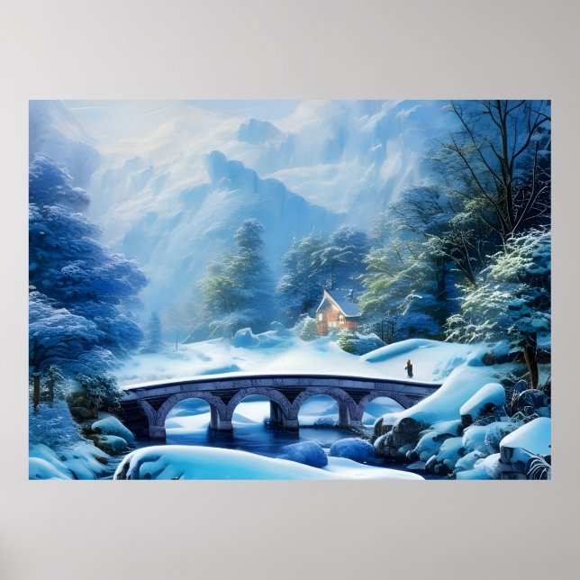 Schöne schneebedeckte Landschaft mit Steinbrücke Poster (Vorne)