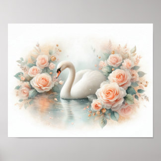 Schöne Schwan- und Rosenmalerei Poster