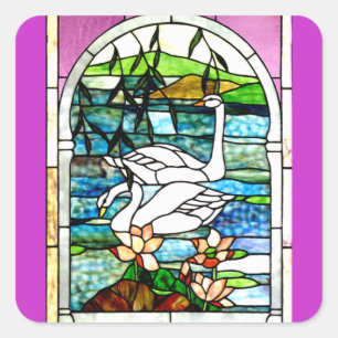 Schöne Schwäne in Buntglas-Kunst Quadratischer Aufkleber