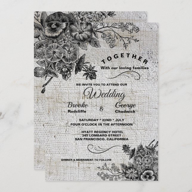 Schöne Schwarz-Grau-Blume Hochzeit Einladung (Vorne/Hinten)