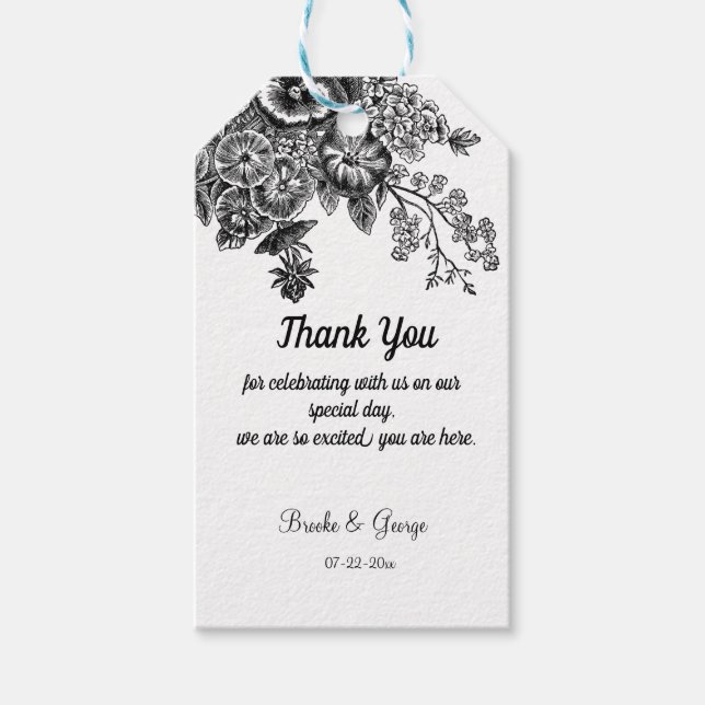 Schöne Schwarz-Grau-Blume Hochzeit Geschenkanhänger (Vorderseite)