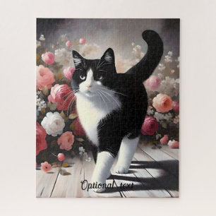 Schöne Schwarz-Weiß-Katze und Blume Puzzle